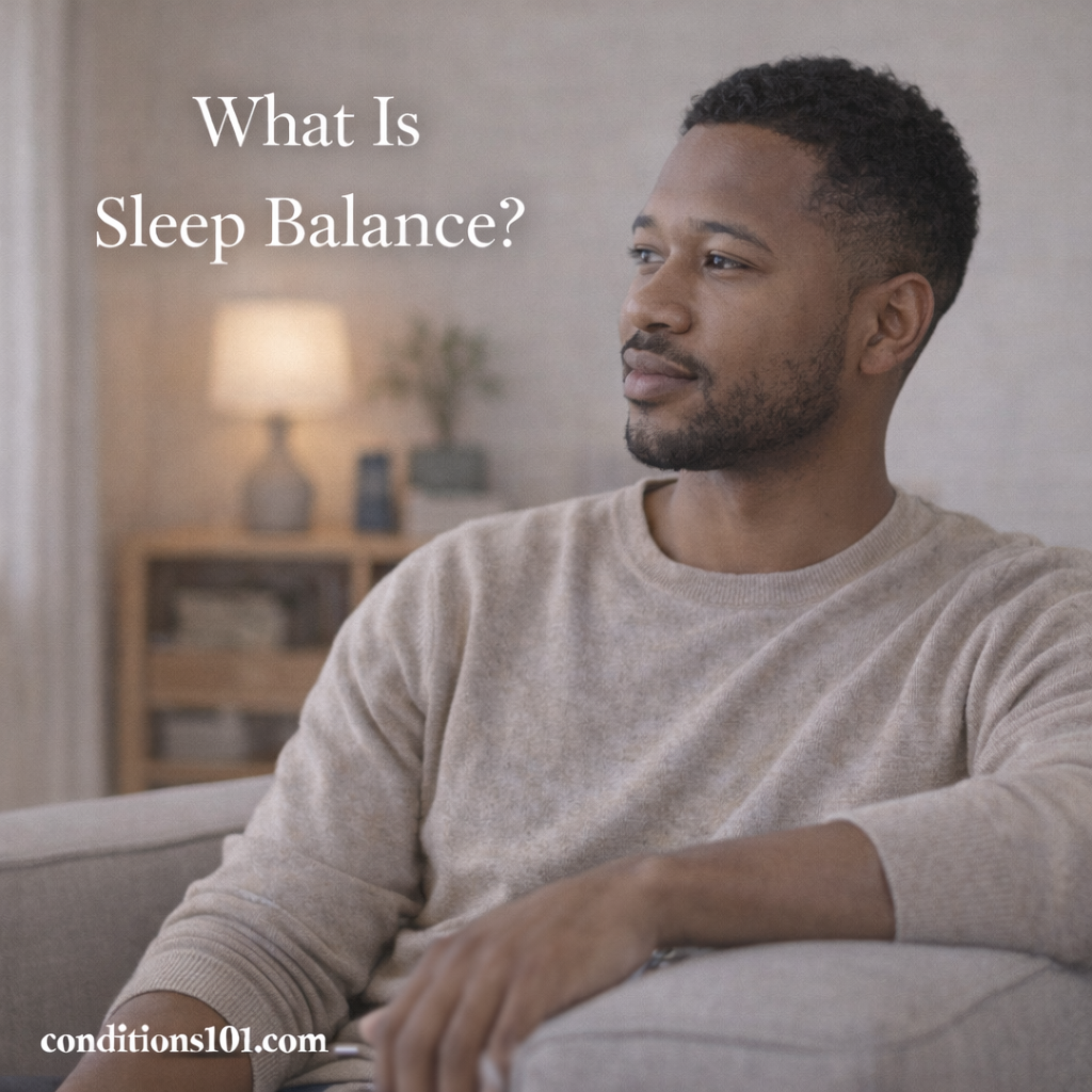 An adult man sitting calmly on a couch in a softly lit living room, representing awareness of sleep balance and daily rest.