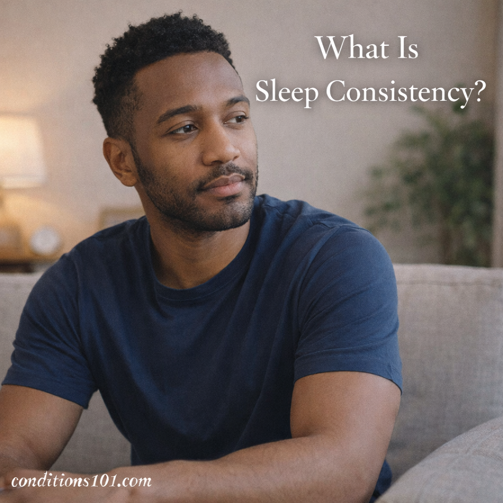 An adult man sitting calmly on a sofa with a thoughtful expression in a quiet indoor setting, representing sleep consistency and daily routine.