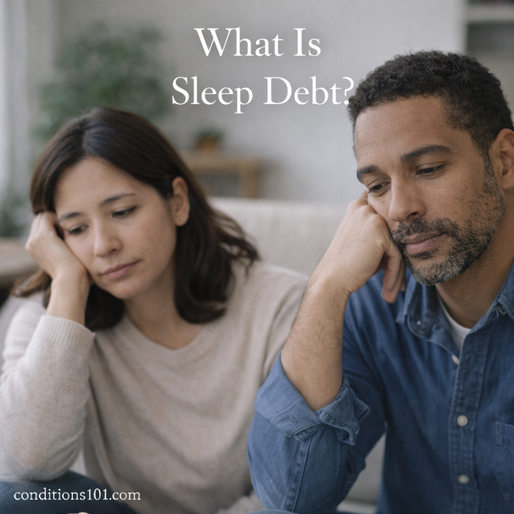 Two adults sitting indoors with tired, thoughtful expressions in a calm everyday setting, representing an educational overview of sleep debt.