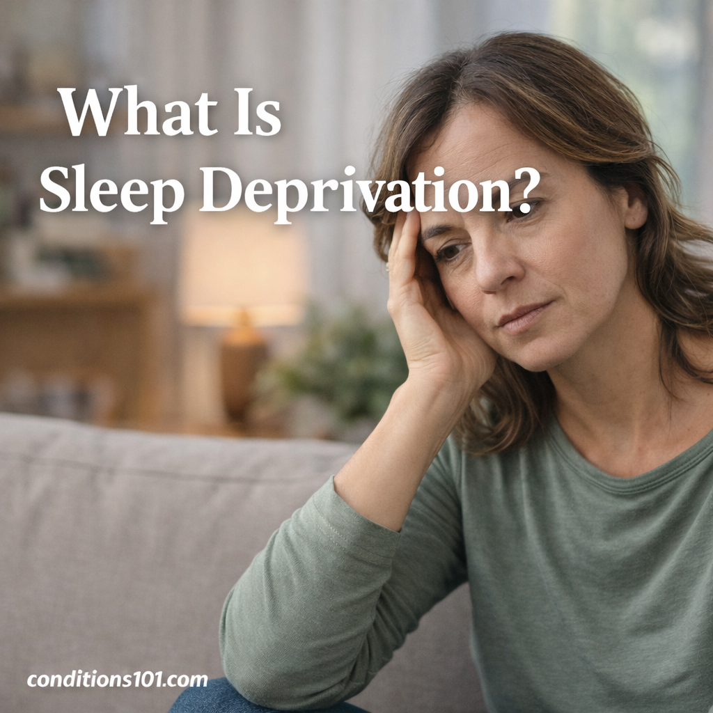 Adult woman sitting calmly in a living room with a thoughtful expression, representing an educational overview of what sleep deprivation is.