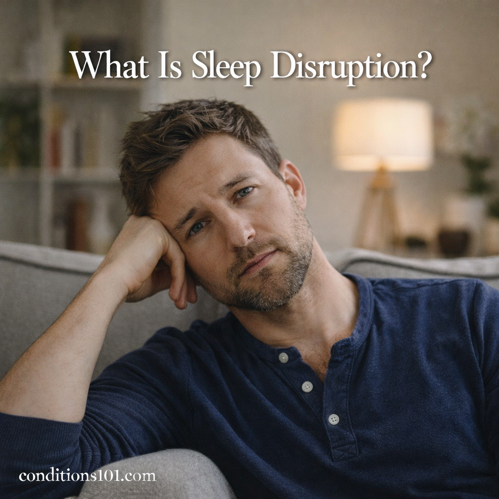 Adult man sitting on a couch in a calm living room, appearing thoughtful, representing an educational topic about sleep disruption.