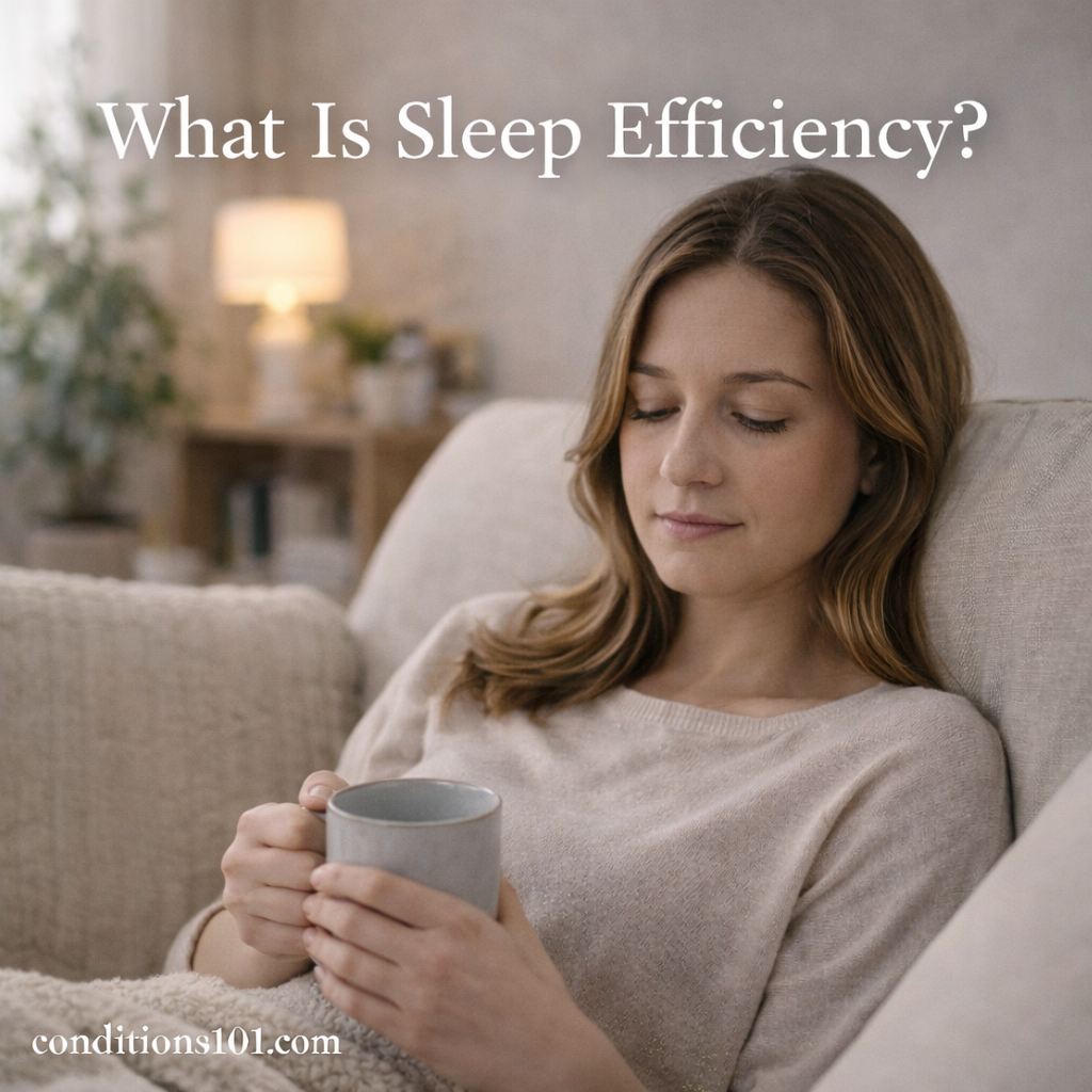 Adult woman resting on a couch holding a mug in a calm home setting, representing sleep efficiency in an educational sleep health context.