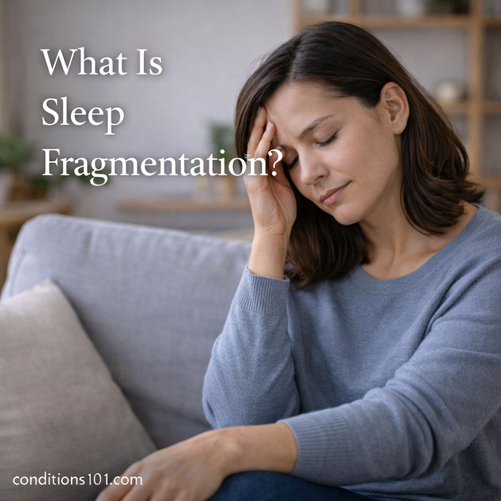Adult woman sitting on a couch with a thoughtful, tired expression in a calm home setting, representing an educational overview of sleep fragmentation.