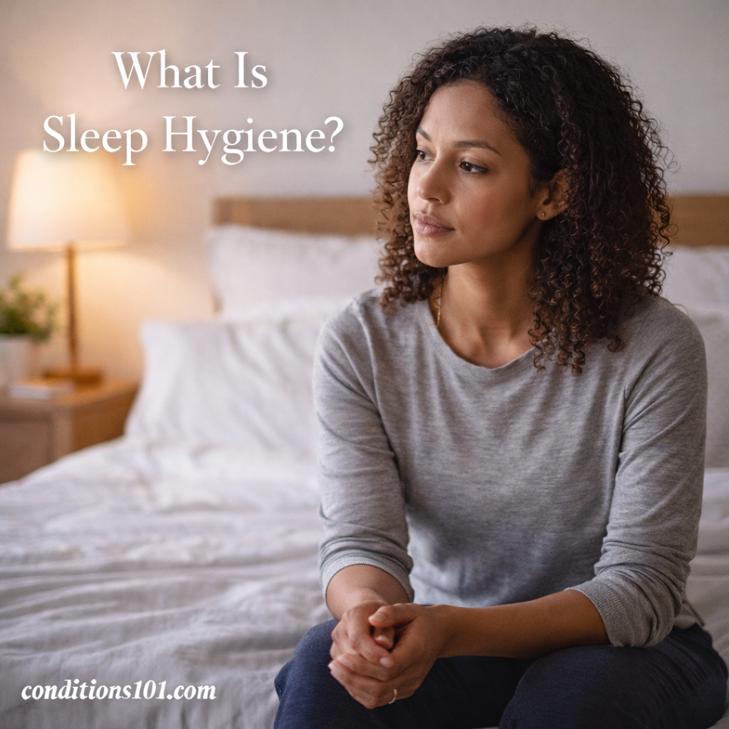 Adult woman sitting calmly on a bed in a softly lit bedroom, representing an educational overview of sleep hygiene and healthy sleep routines.