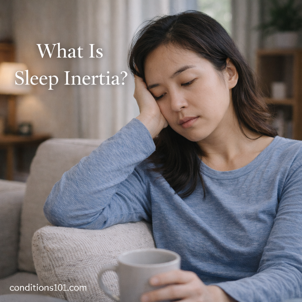 Adult woman sitting on a couch in a calm home setting, appearing groggy and reflective, representing an educational explanation of sleep inertia.