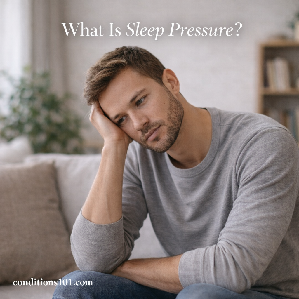 A man sitting on a couch resting his head on his hand, appearing calmly tired in a quiet living room.