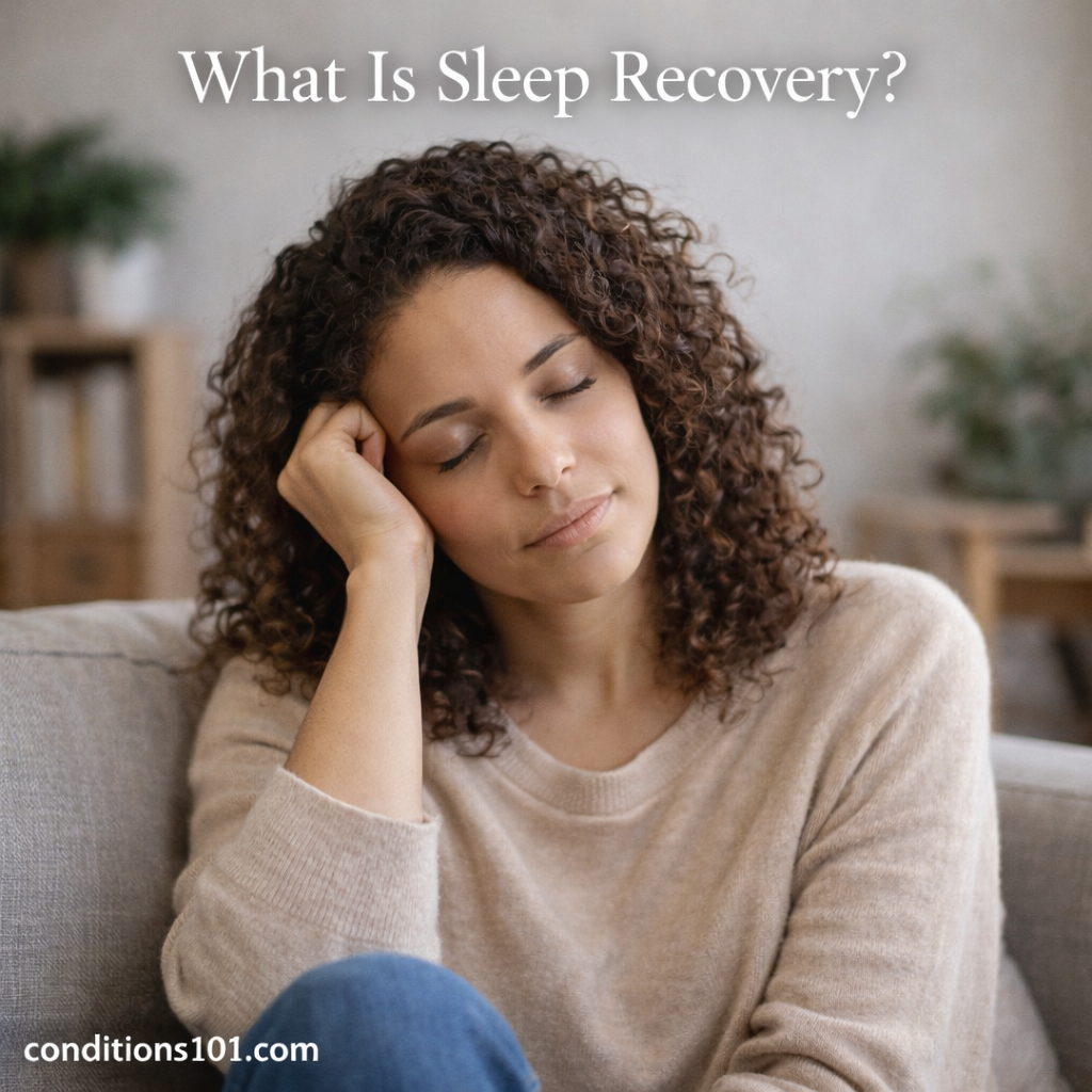 Relaxed adult woman resting on a couch in a calm home setting, representing sleep recovery in everyday life.