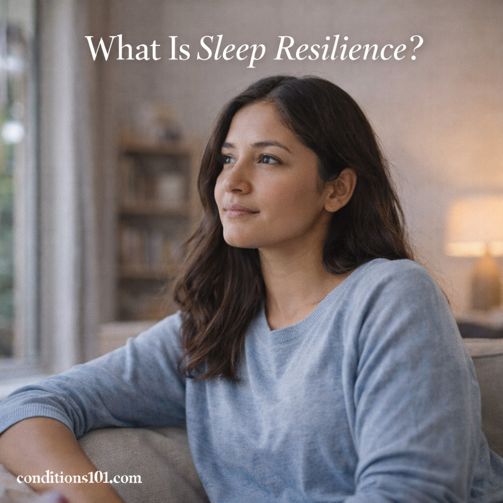 Adult woman sitting calmly in a living room, representing an educational article explaining the concept of sleep resilience.