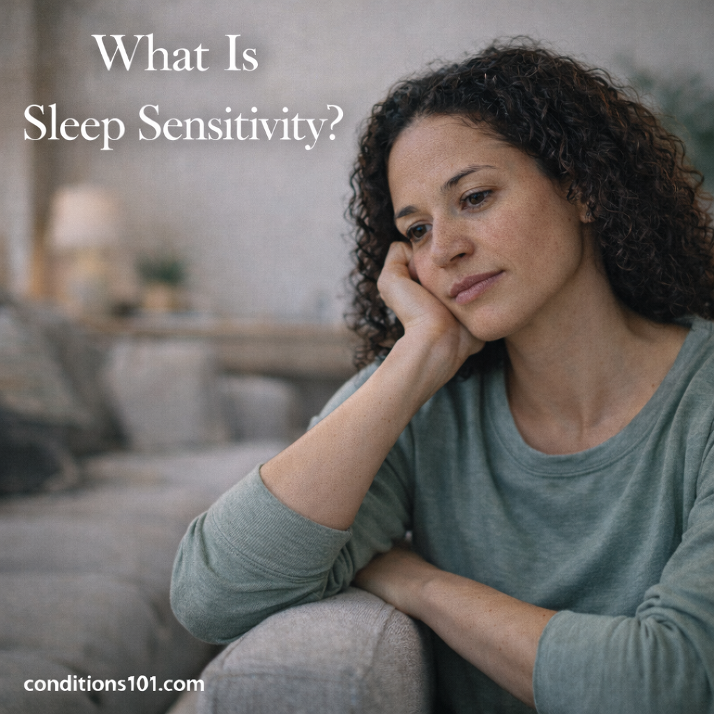 Adult person sitting thoughtfully in a calm home environment, representing an educational article about sleep sensitivity.