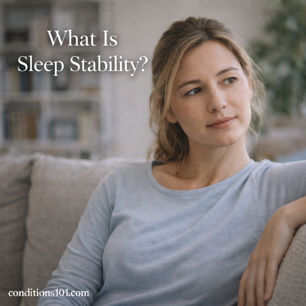Adult person sitting in a calm home setting, thoughtfully focused, representing sleep stability as a consistent and restful sleep concept.