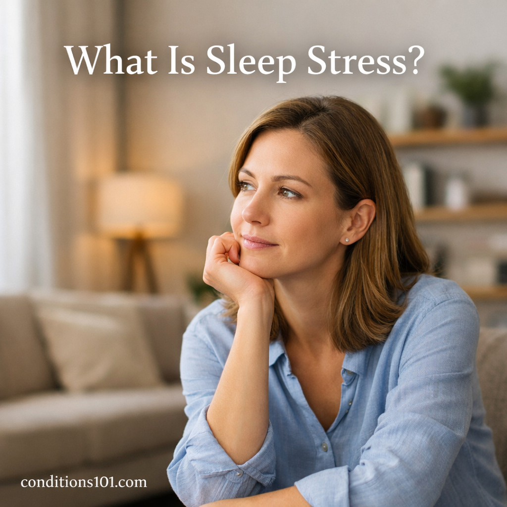 Adult woman sitting calmly in a living room, appearing thoughtful and relaxed, representing the concept of sleep stress in everyday life.