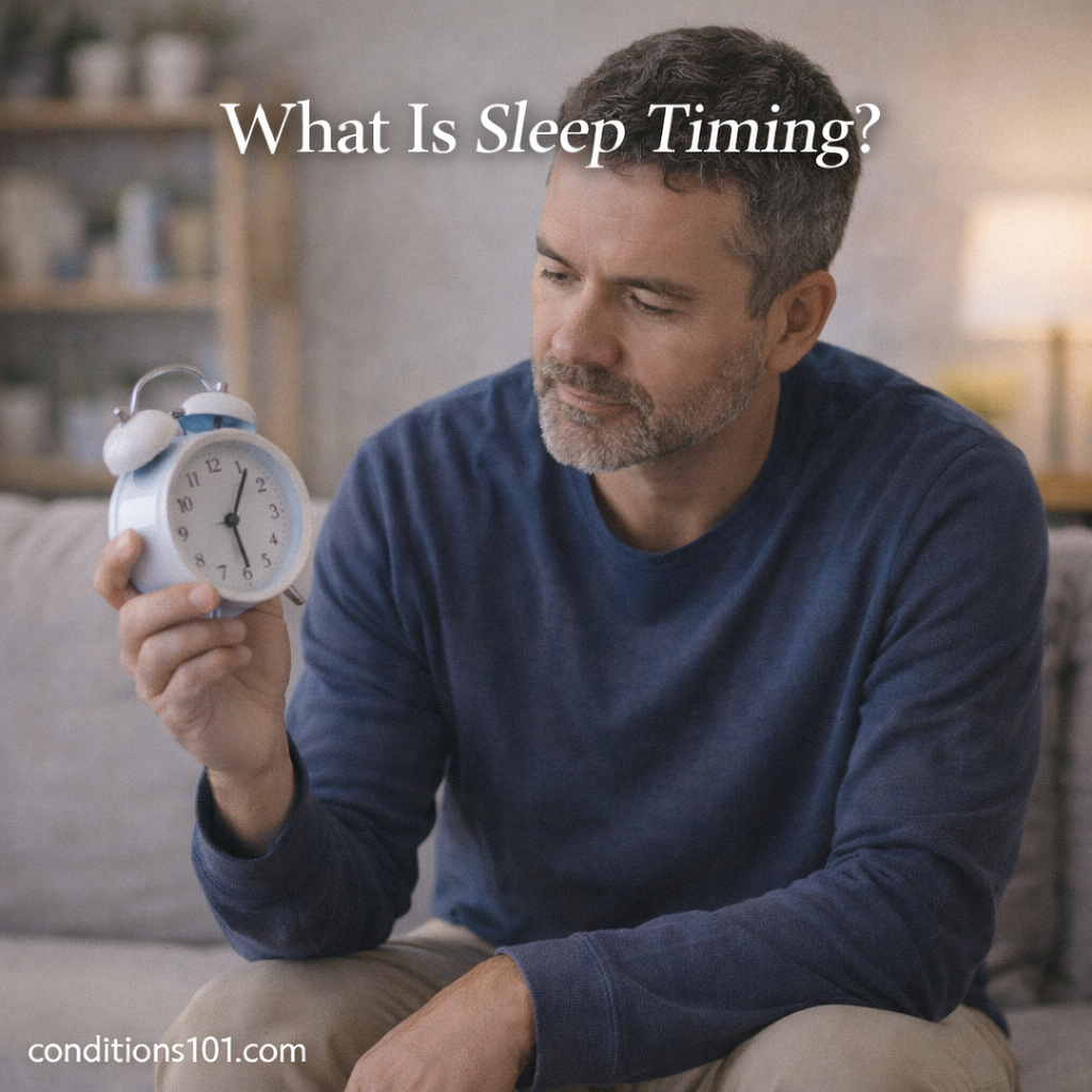 Man sitting on a couch holding an alarm clock, thoughtfully reflecting on bedtime and wake time schedules related to sleep timing.