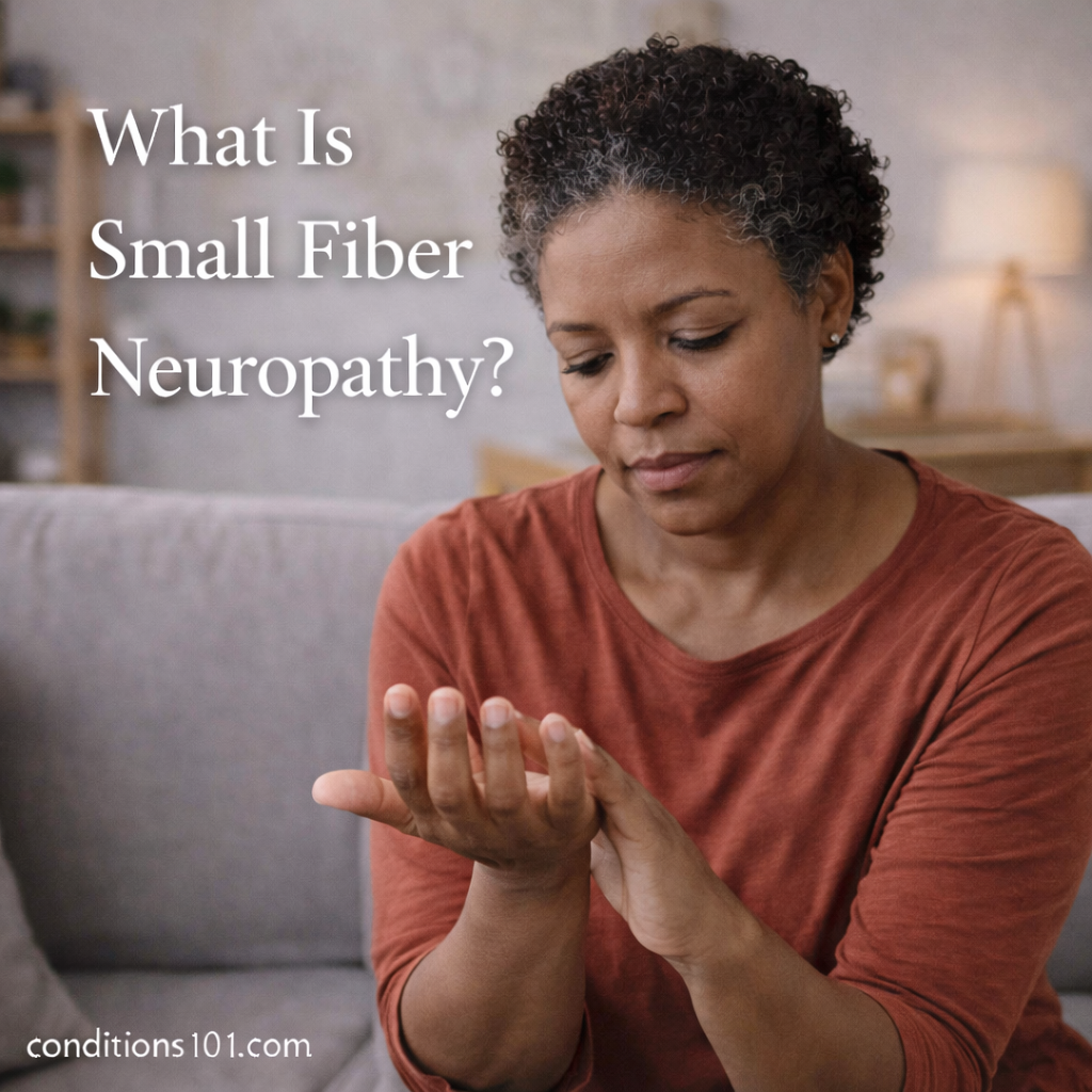 Adult woman sitting on a couch in a calm home setting, looking thoughtfully at her hand, representing an educational overview of small fiber neuropathy.