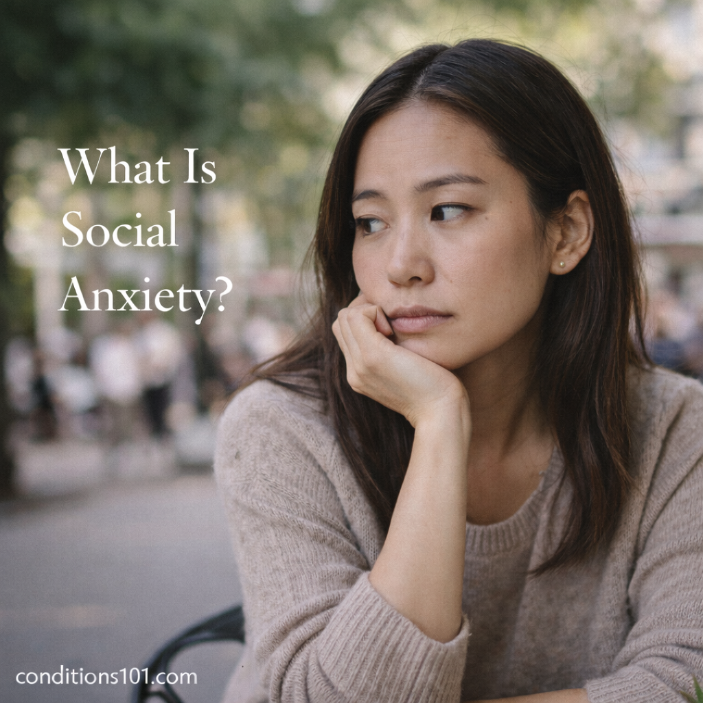 Adult woman sitting outdoors with a thoughtful expression in a calm everyday setting, representing an educational overview of social anxiety.