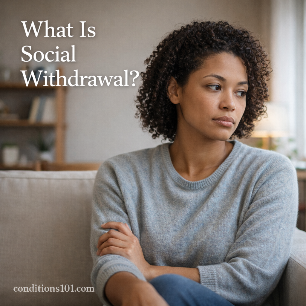 Adult woman sitting thoughtfully on a couch in a calm home setting, representing social withdrawal in an educational, non-clinical context.