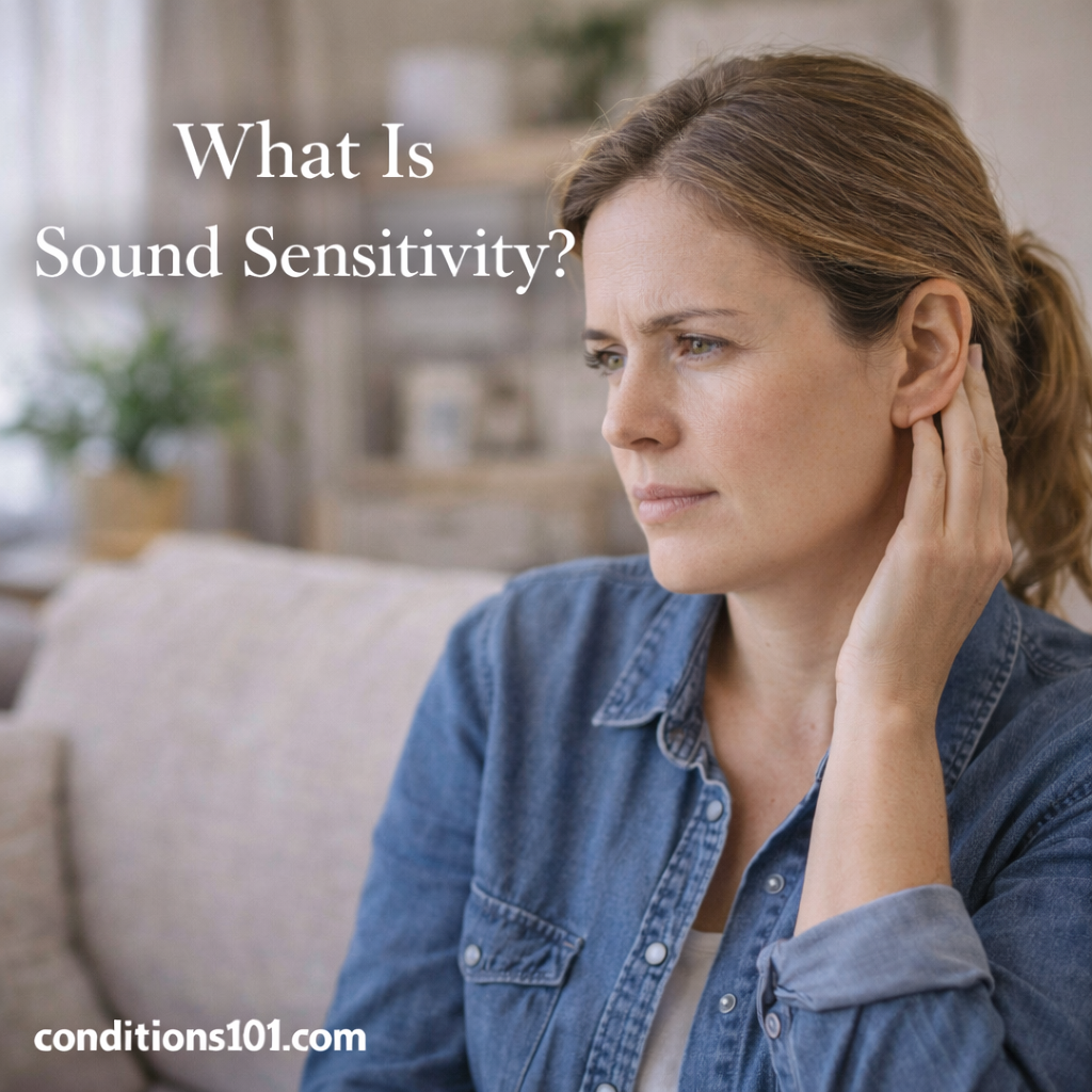 Adult woman in a calm everyday setting gently touching her ear, representing an educational overview of sound sensitivity.