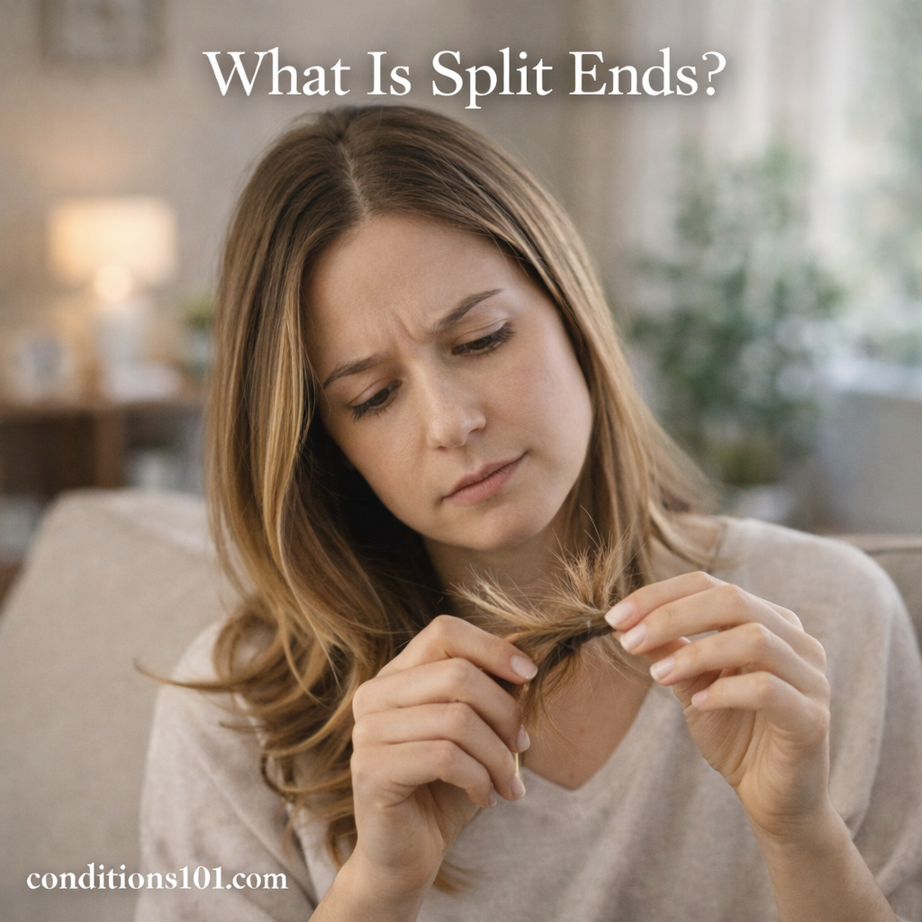 Adult woman examining the ends of her hair in a calm home setting, representing split ends in an educational hair care context.