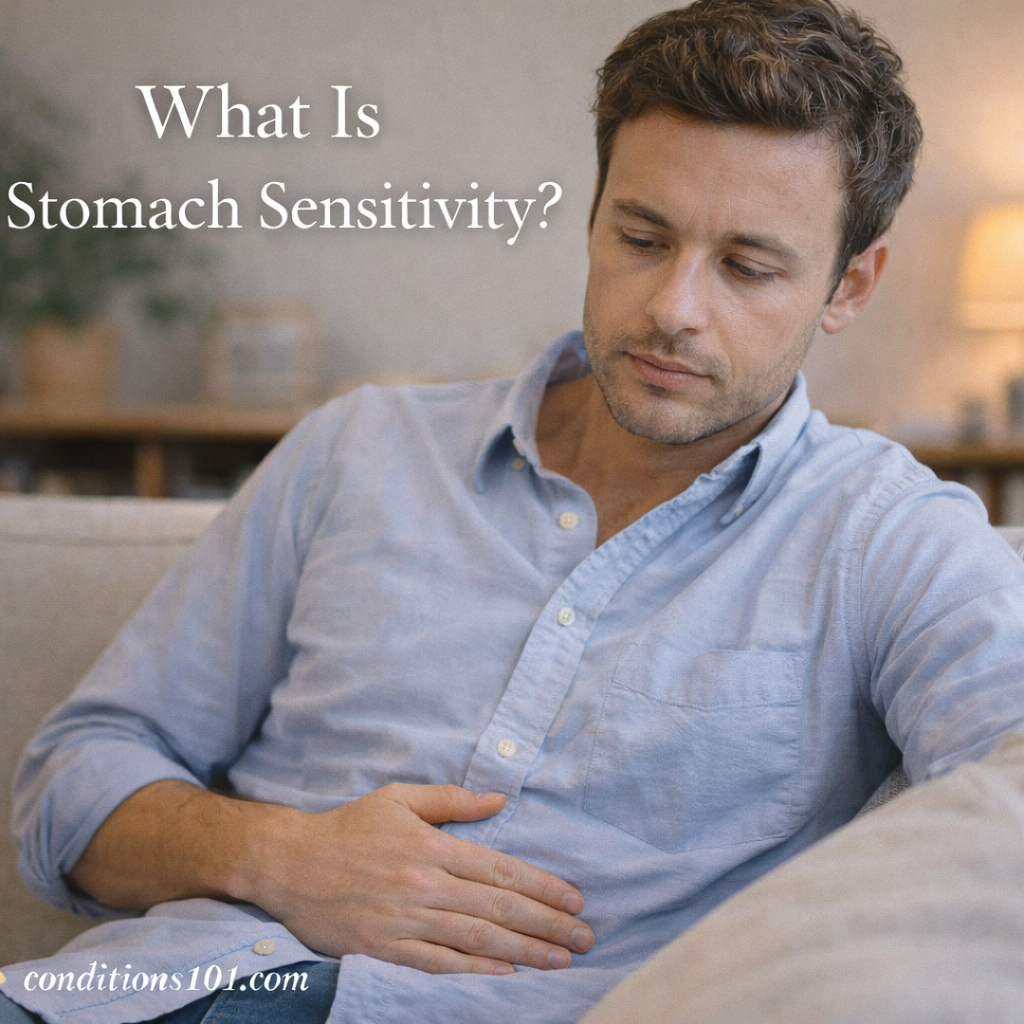 An adult man sitting calmly on a couch in a living room, appearing thoughtful in an everyday setting related to stomach sensitivity.