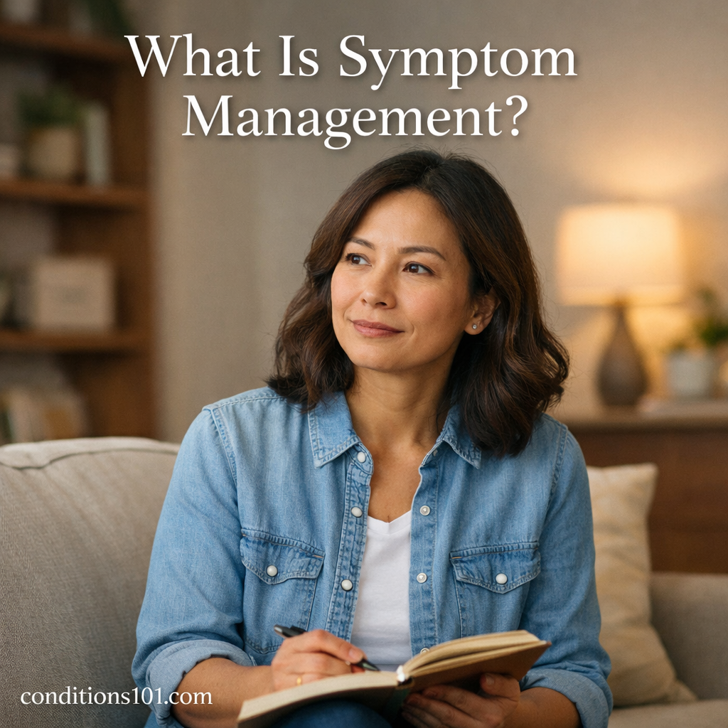 Adult person sitting in a calm home setting, thoughtfully focused, representing symptom management education.