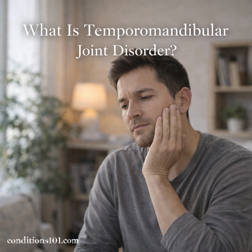 Adult man sitting indoors with his hand resting on his jaw in a calm home setting, representing temporomandibular joint disorder in an educational context.