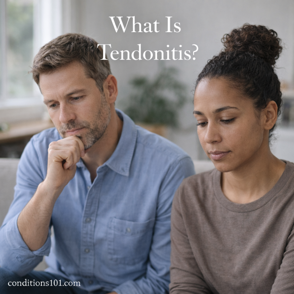 Two adults sitting indoors in a calm, everyday setting with thoughtful expressions, representing an educational overview of tendonitis as a physical condition.