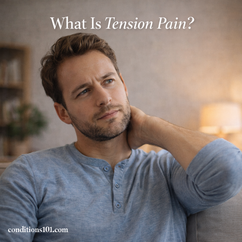 Adult man sitting in a living room with his hand on his neck, illustrating an educational article about tension pain.