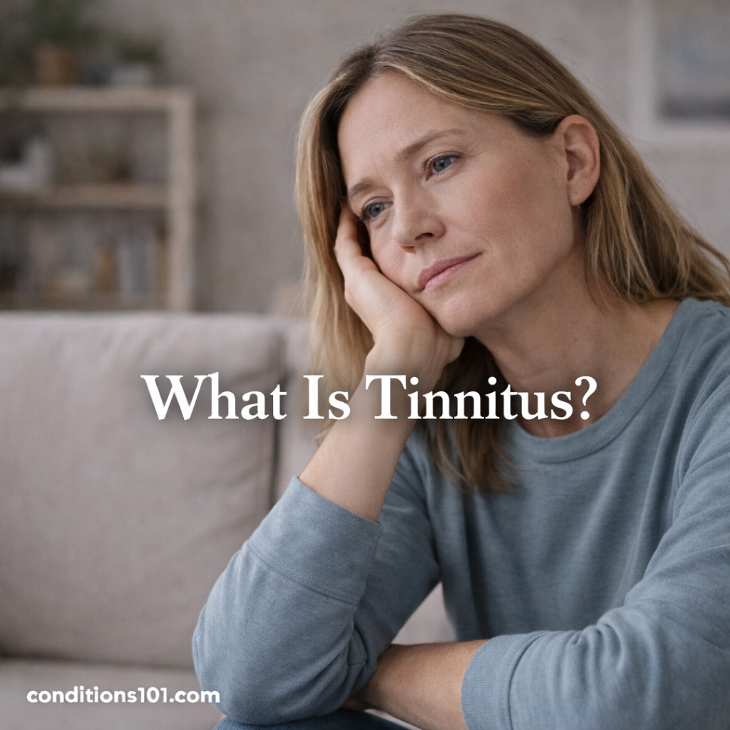 Woman sitting in a calm living room with a thoughtful expression, representing an educational overview of tinnitus and sensory perception.