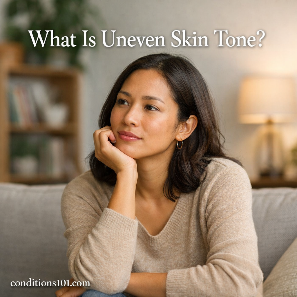 Adult woman sitting in a calm home setting, thoughtfully focused, representing an informational topic about uneven skin tone.