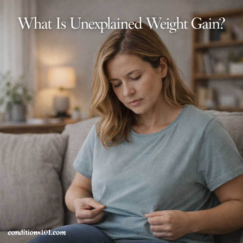 Adult woman sitting on a couch looking down at her clothing in a calm living room setting, representing unexplained weight gain.
