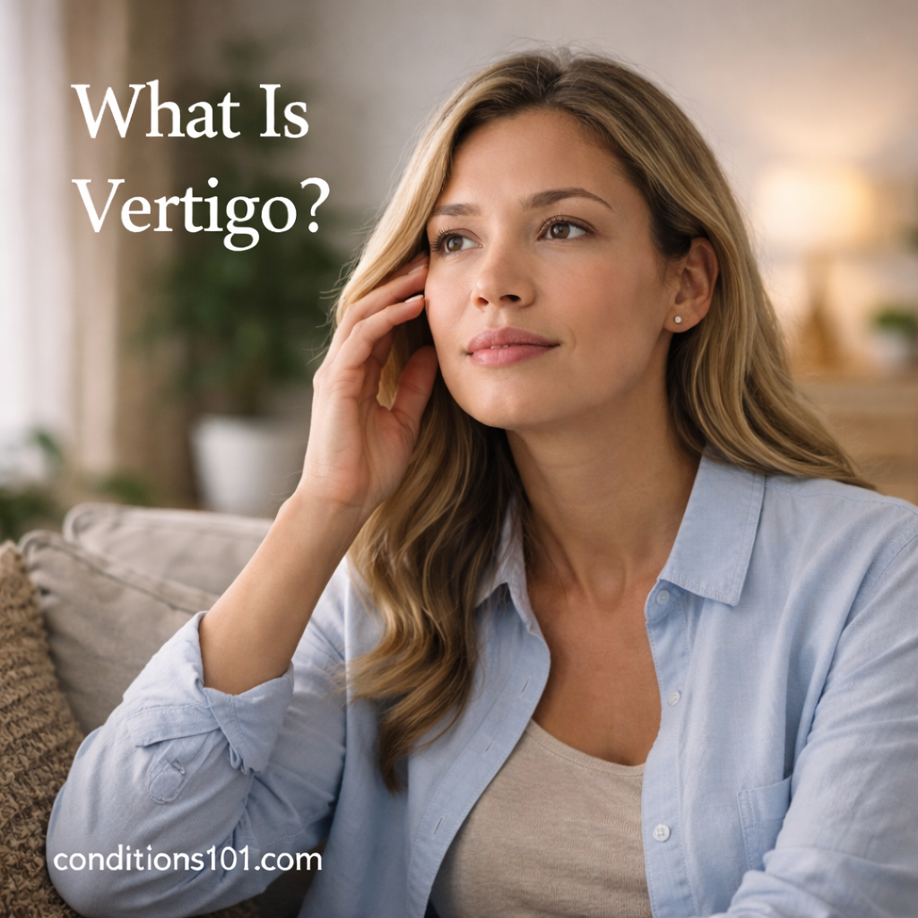 Adult woman sitting thoughtfully in a calm living room setting for an educational article explaining what vertigo is.