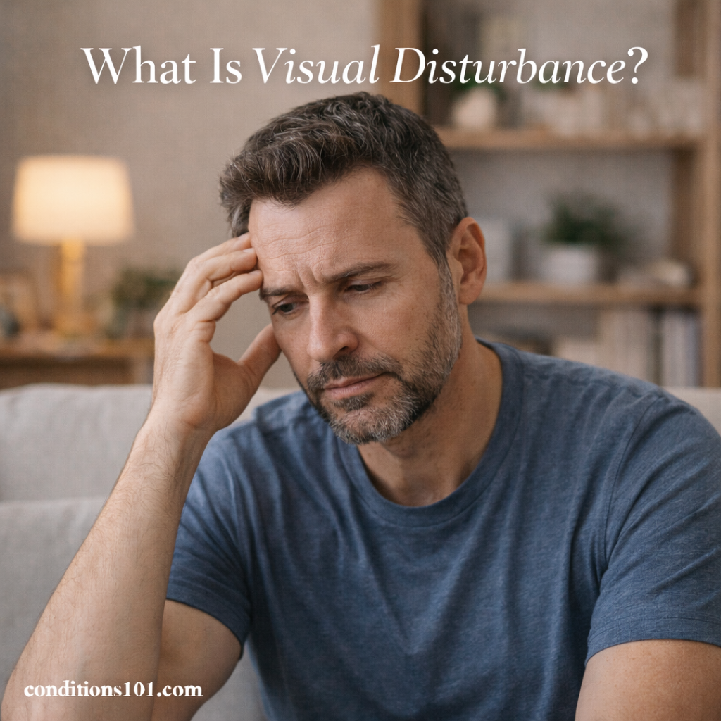 Adult man sitting thoughtfully in a living room, representing a calm everyday setting for an educational article explaining what visual disturbance is.