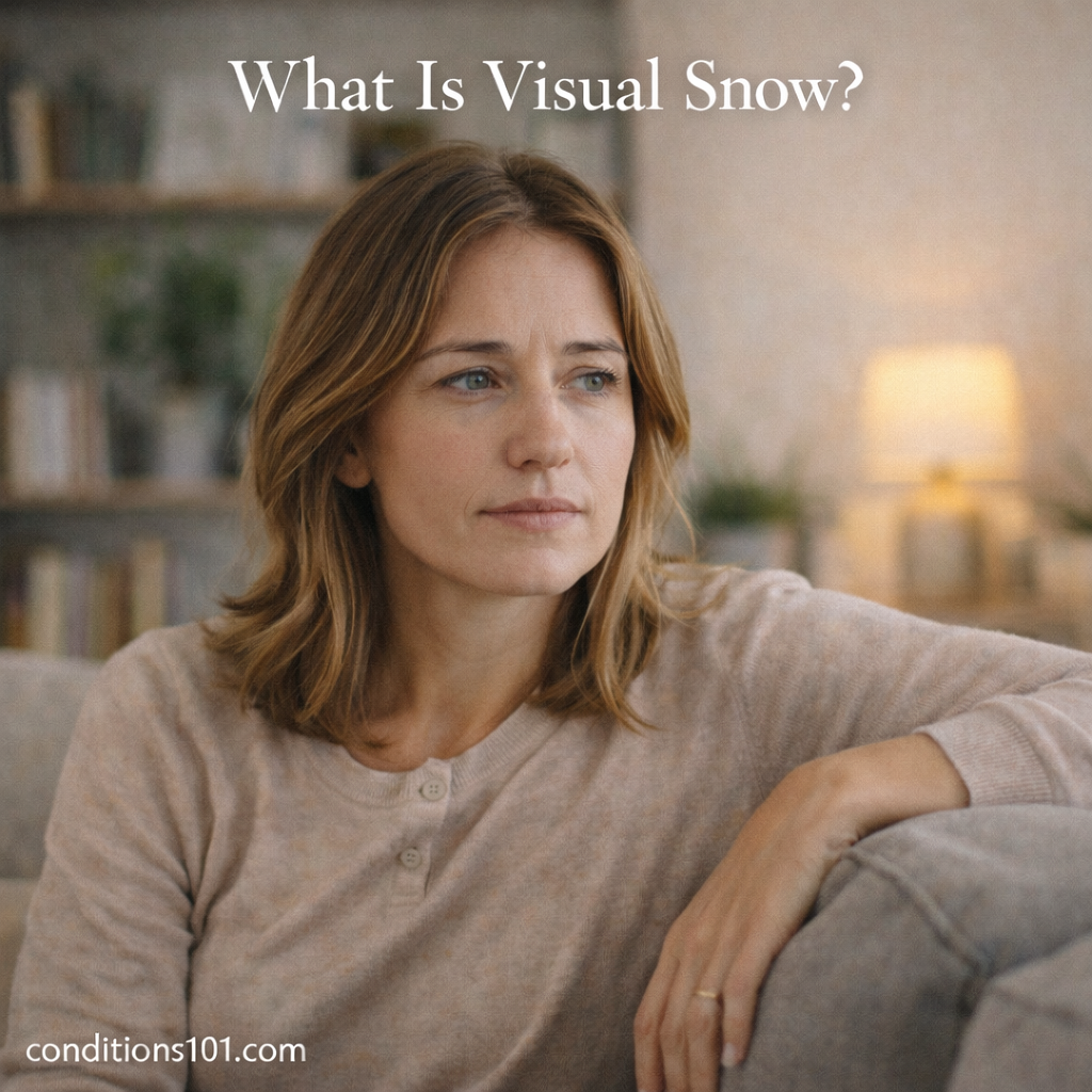 Adult woman sitting in a calm living room with a thoughtful expression, representing an educational overview of visual snow.