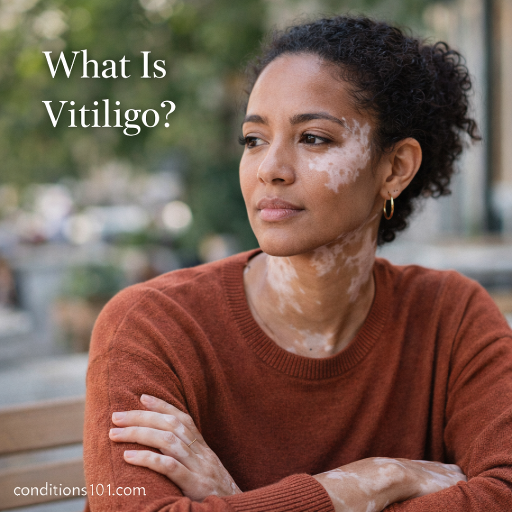 Adult woman with visible vitiligo sitting outdoors in a calm public setting, representing an educational overview of vitiligo.
