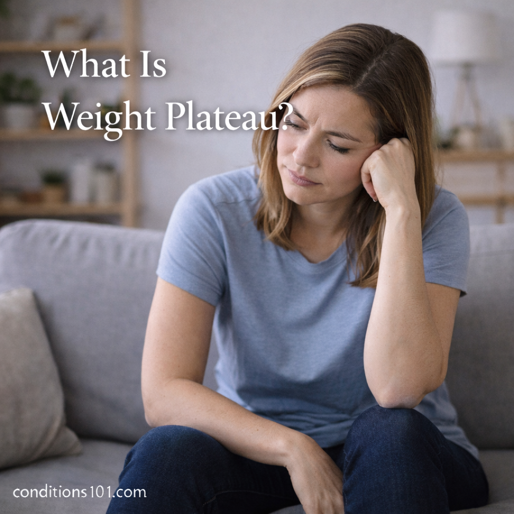 Adult woman sitting at a table looking thoughtfully at a bathroom scale in a calm home setting, representing an educational overview of a weight plateau.