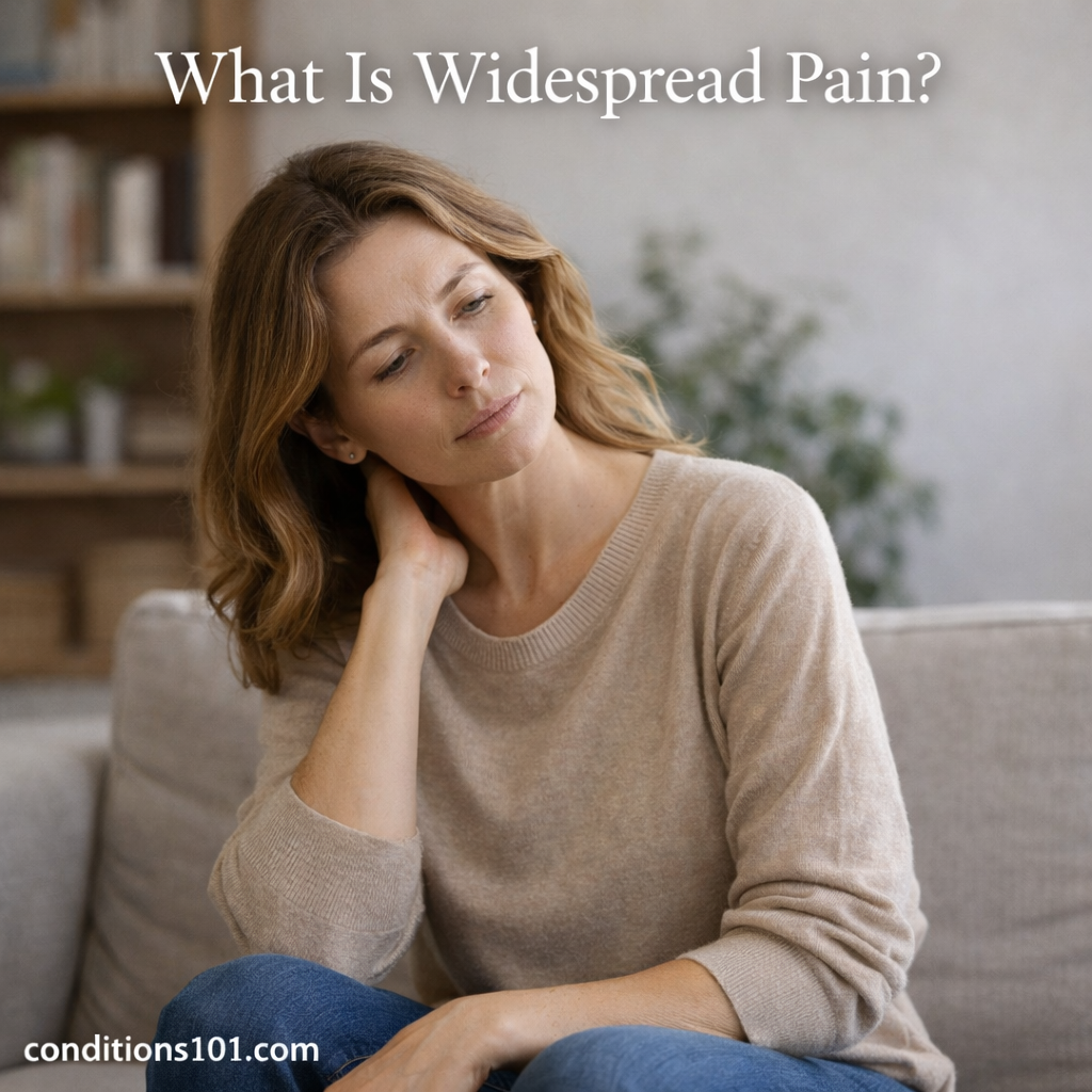 Thoughtful adult woman sitting on a couch in a calm home setting, representing widespread pain in everyday life.