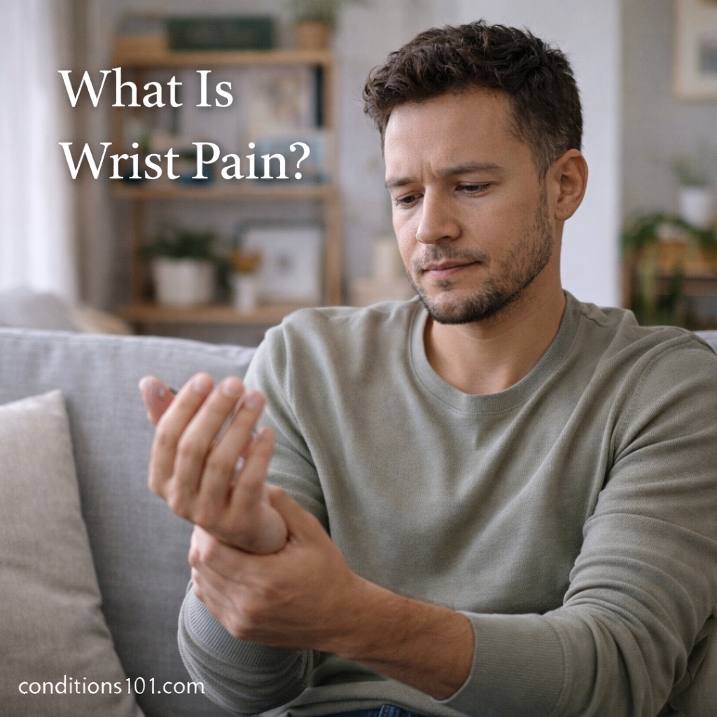 Adult man sitting on a couch in a calm home setting while examining his wrist, representing an educational overview of wrist pain.