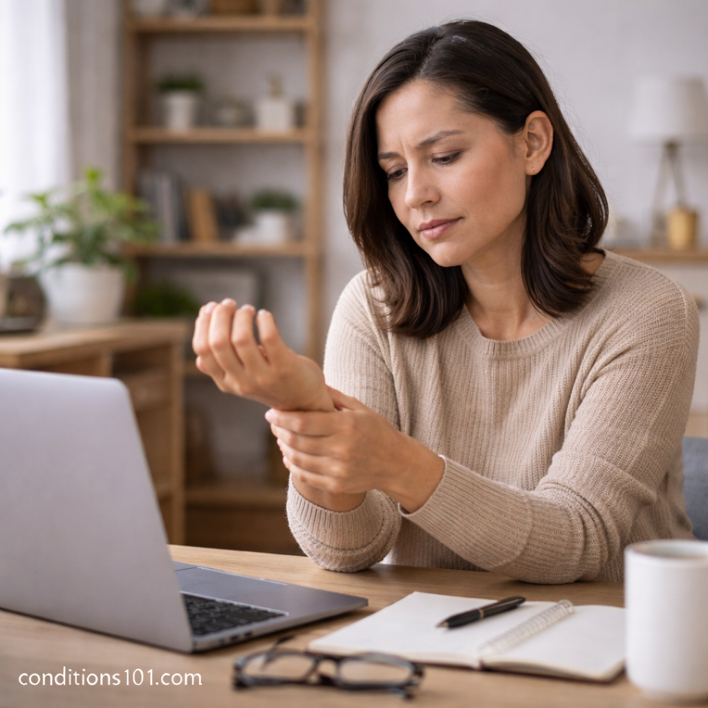 Adult woman sitting at a home desk gently holding her wrist during a work task, representing everyday wrist discomfort associated with wrist pain.