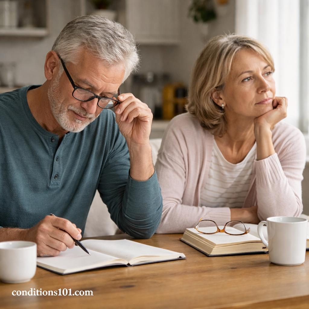 Older adults sitting at a kitchen table during a quiet daily moment, reflecting normal age-related cognitive change in an educational, non-clinical context.