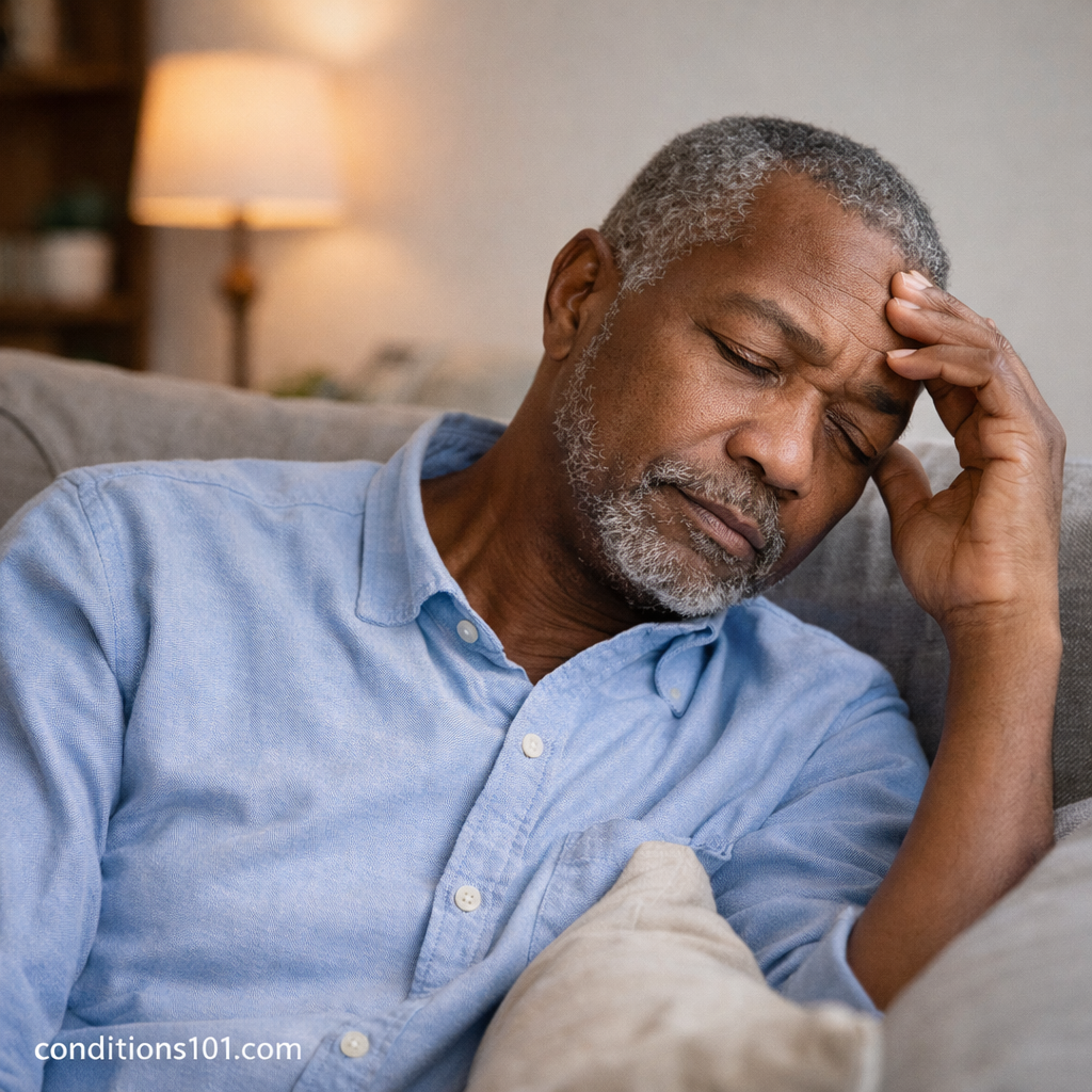 Older man resting on a couch in a calm home environment, reflecting everyday experiences related to age-related conditions.