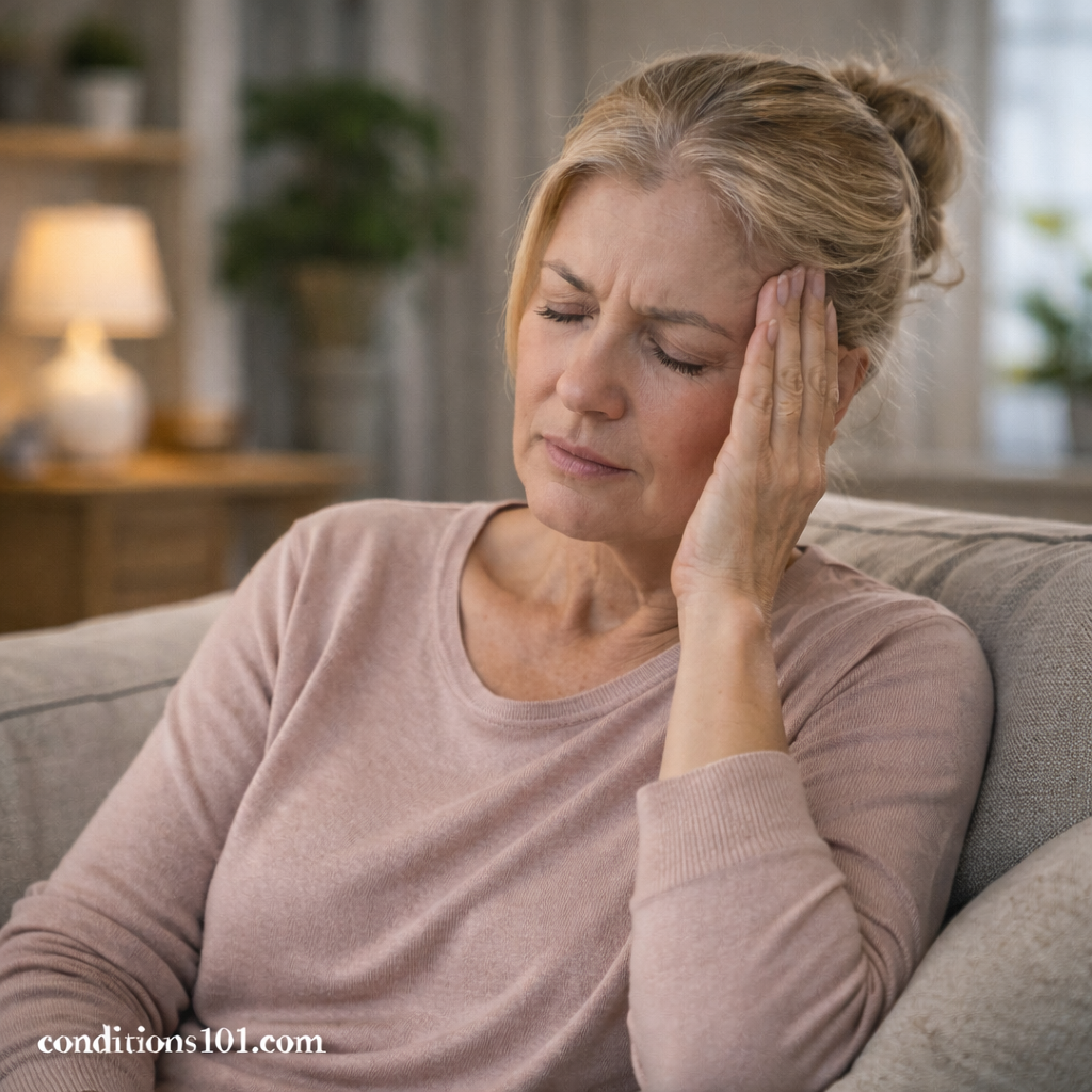 Middle-aged woman sitting on a couch at home with eyes closed and hand on her temple during a brief moment of dizziness, representing benign positional vertigo.