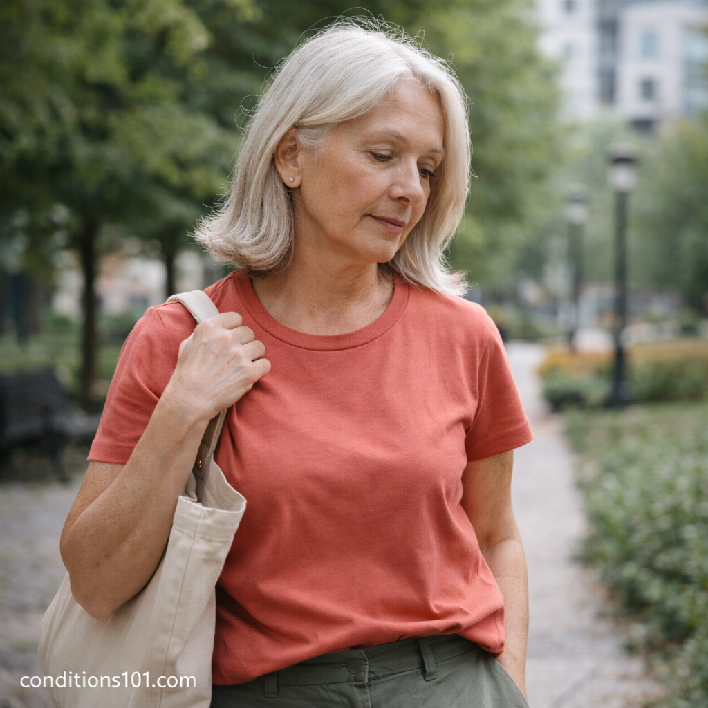 Older woman walking through a park with relaxed posture, illustrating natural body mechanics during everyday movement.