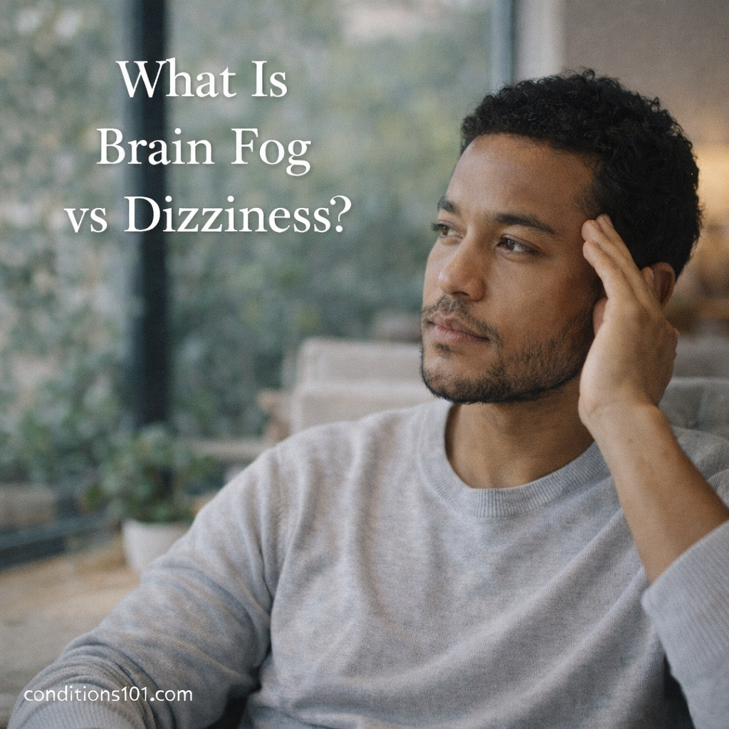 Man sitting thoughtfully near a window with his hand resting on his temple, representing the difference between mental fog and physical dizziness.