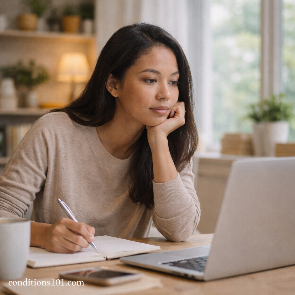 Woman working at a desk in a calm home setting, representing everyday brain sensory integration and focused attention.