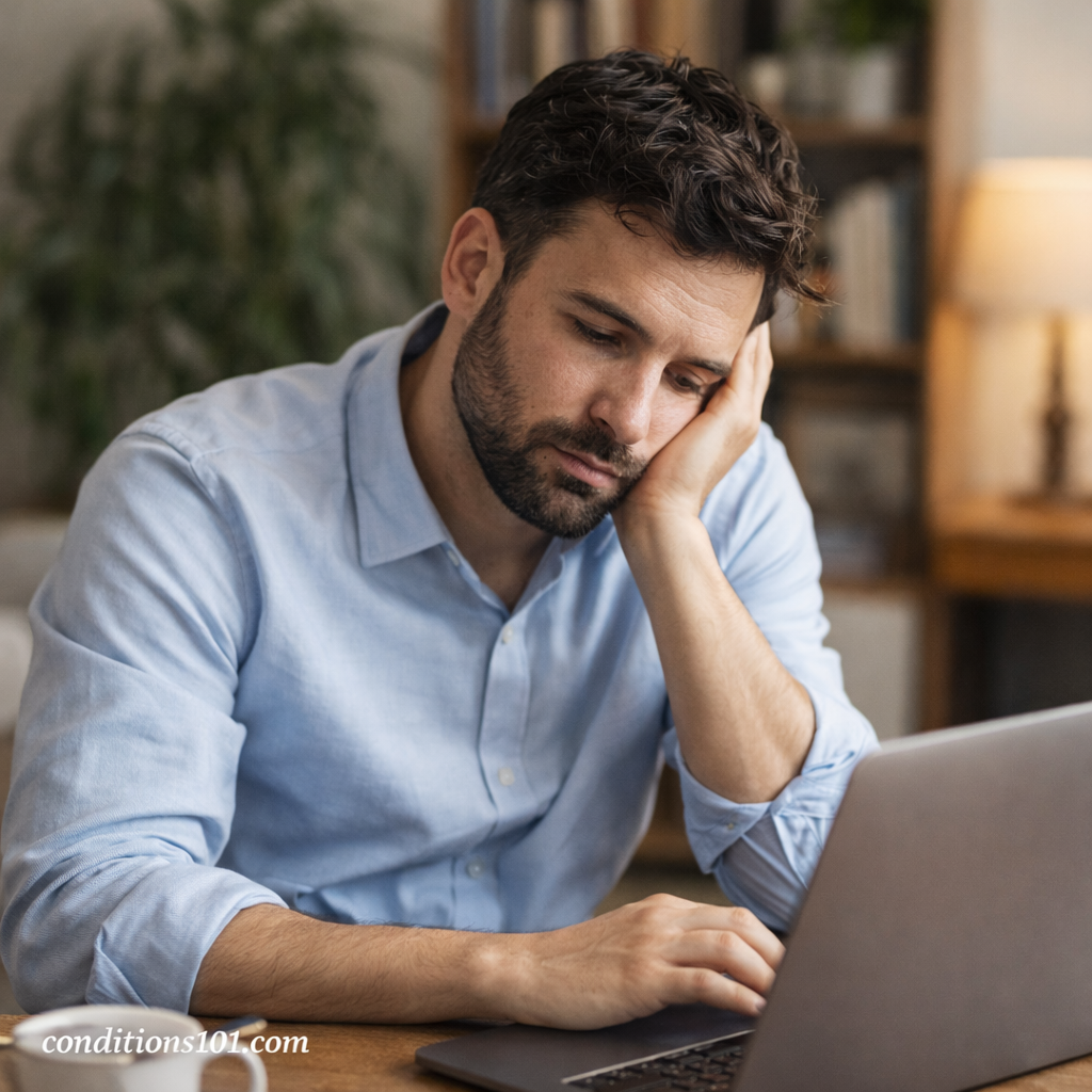 Adult man resting his head on his hand while working at a desk at home, illustrating everyday impact of chronic chest wall pain.
