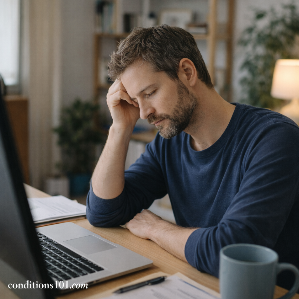Adult man working at a home desk, appearing tired and focused during a typical daily routine associated with chronic low energy.
