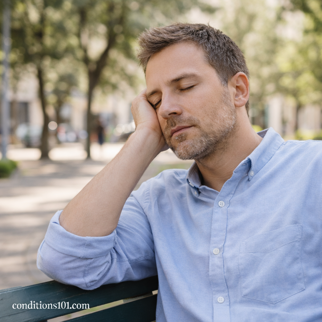Adult man resting on a park bench during a quiet moment, representing everyday awareness of chronic low-grade fever patterns.