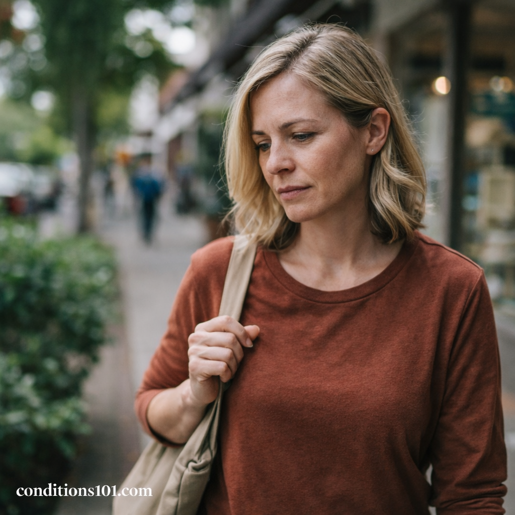 Adult woman walking outdoors with a thoughtful expression, representing everyday experiences related to chronic physical stress.