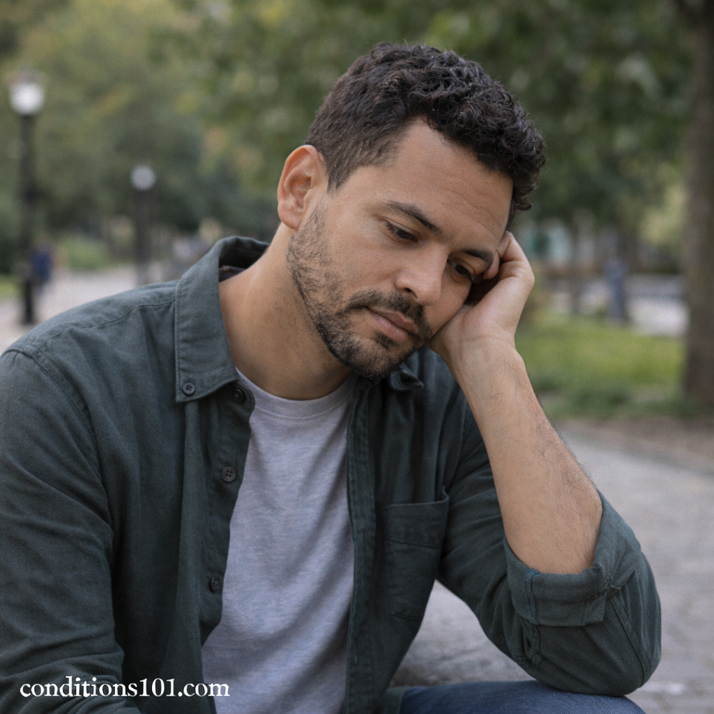 Adult man sitting quietly in a park, reflecting during an everyday moment associated with long-term sensory changes.