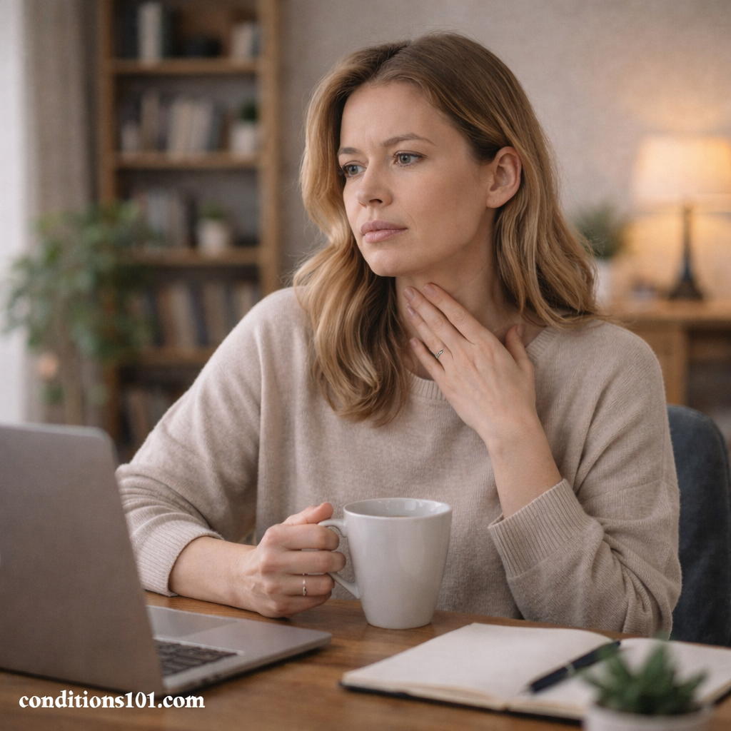 Adult woman sitting at a desk holding a mug and touching her throat with a thoughtful expression in a calm home office setting, illustrating everyday experiences related to chronic throat clearing.