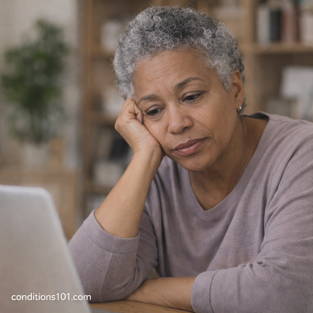 Older adult woman sitting thoughtfully at a desk in a calm home setting representing everyday reflection related to cognitive decline.